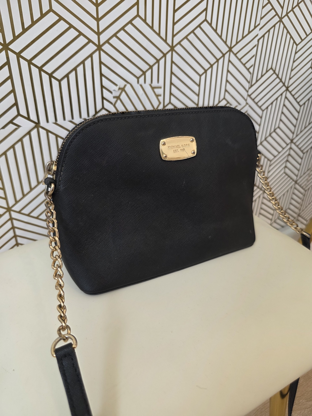 Michael Kors Black Saffiano Crossbody Bag with Gold Chain